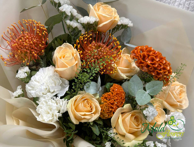 Bouquet with Cream Roses and Celosia "Strings of the Soul" photo